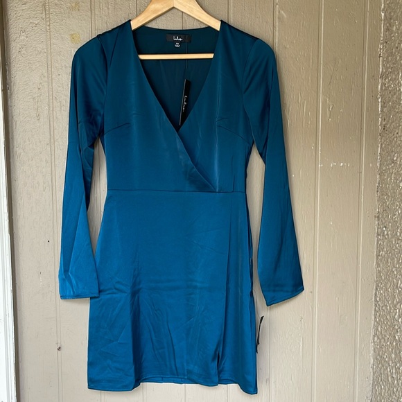 Lulu’s inspired confidence dark teal satin long sleeve mini dress - Picture 3 of 9
